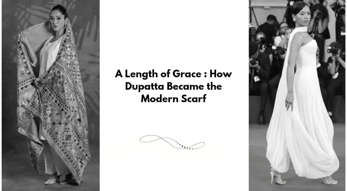 Draped dupatta styled as a contemporary scarf over Orthodox Design formalwear