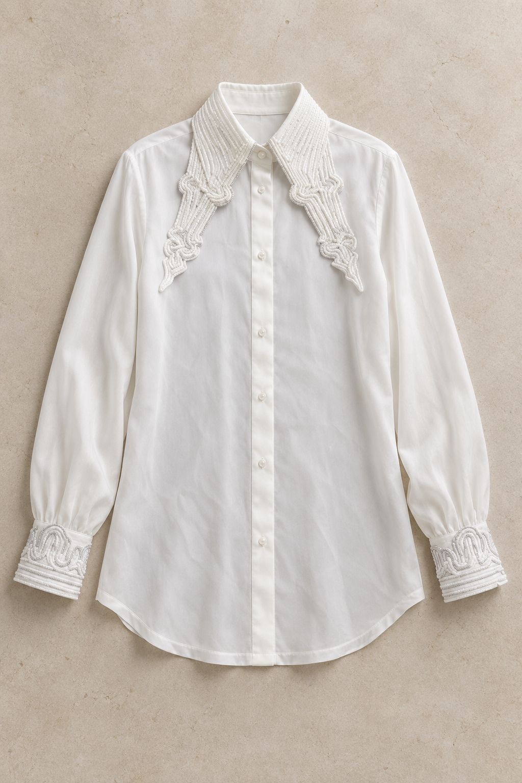 Collar Embroidered Satin Shirt - White