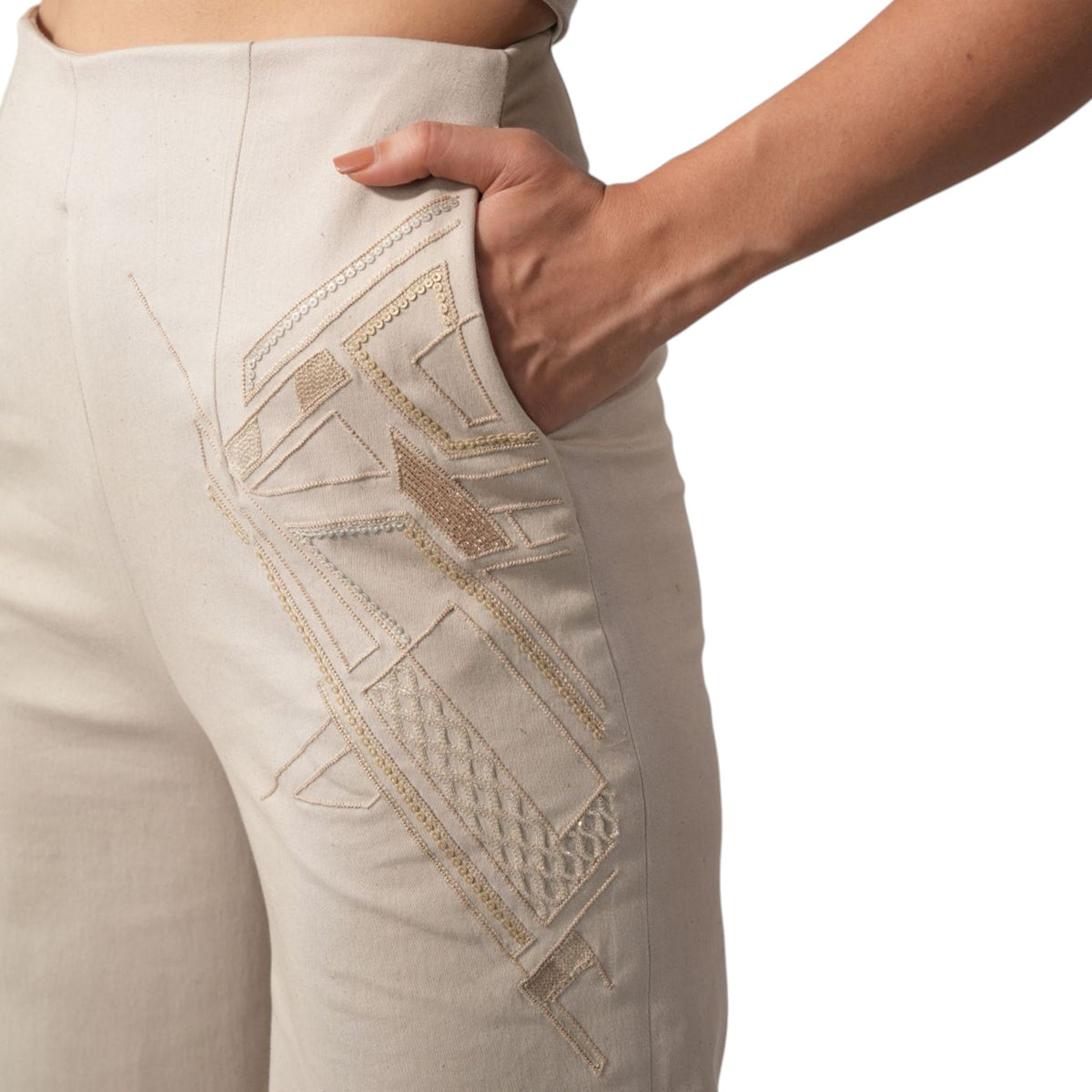 Embroidered Denim Bell Bottoms – Lunette - Beige