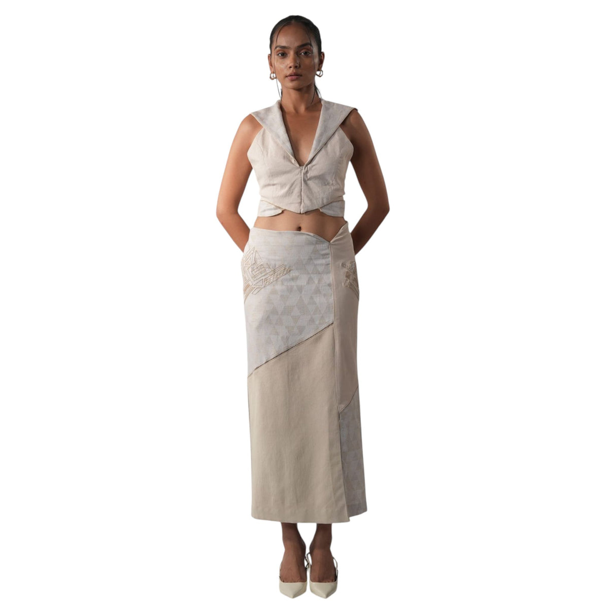 Embellished Denim Bodycon Skirt – Tesserae - Beige
