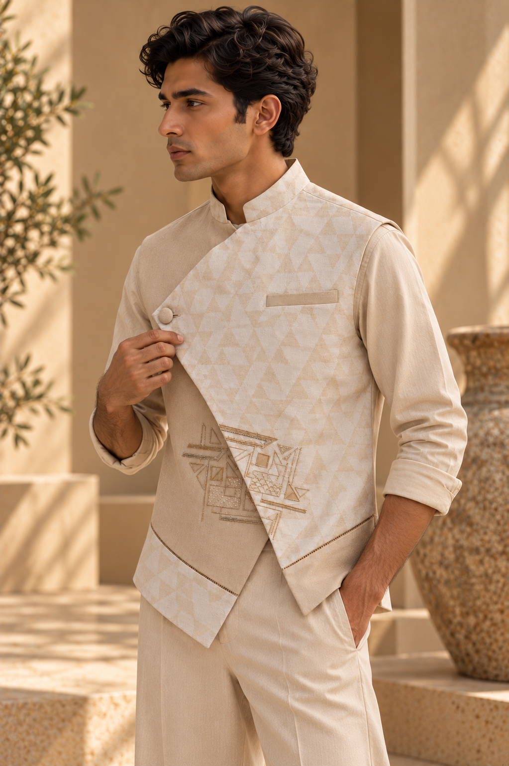 Men's Overlapped Sadri – Triangle - Beige