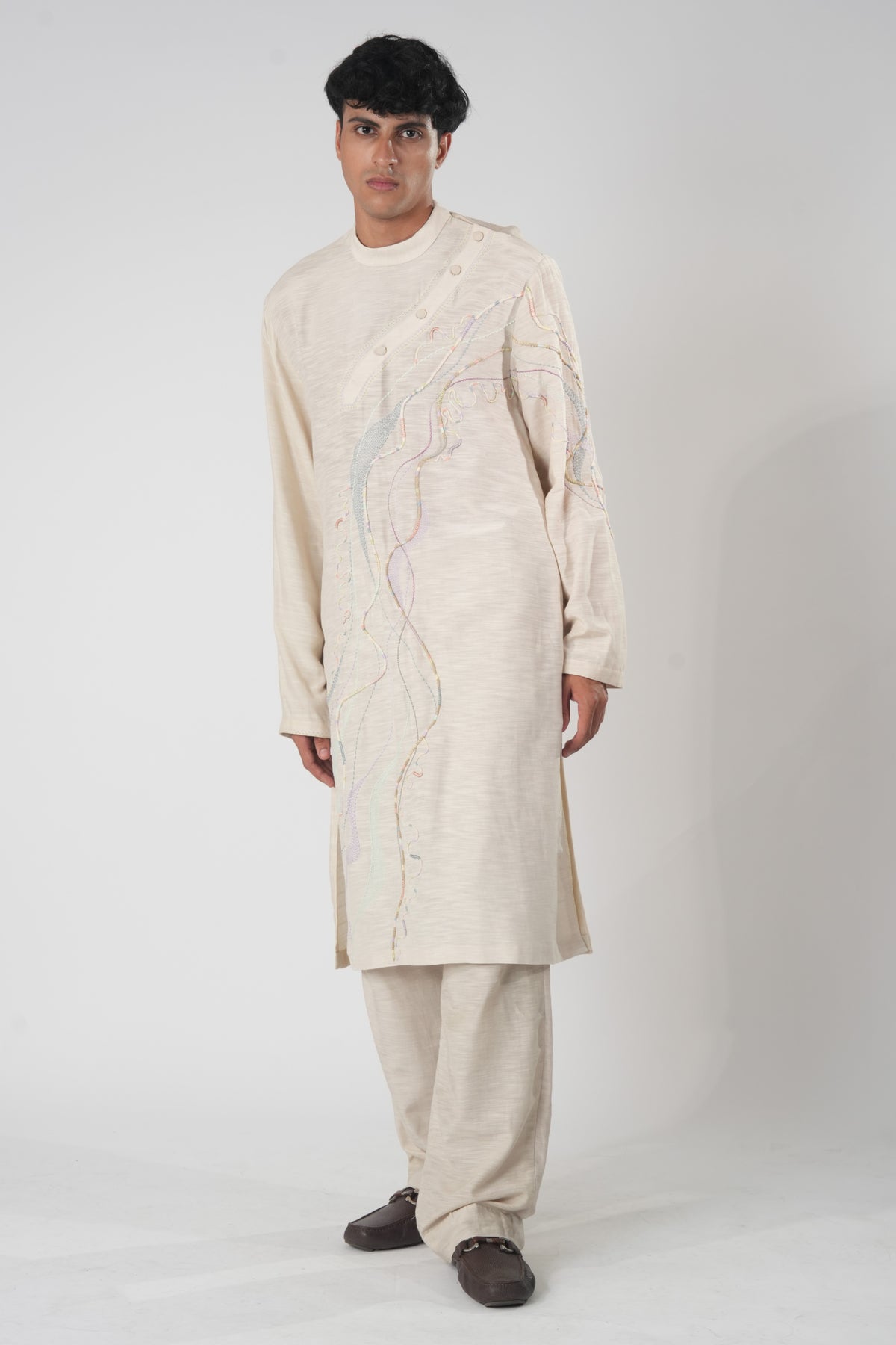 Men's Curved Placket Kurta – Orchard - Beige