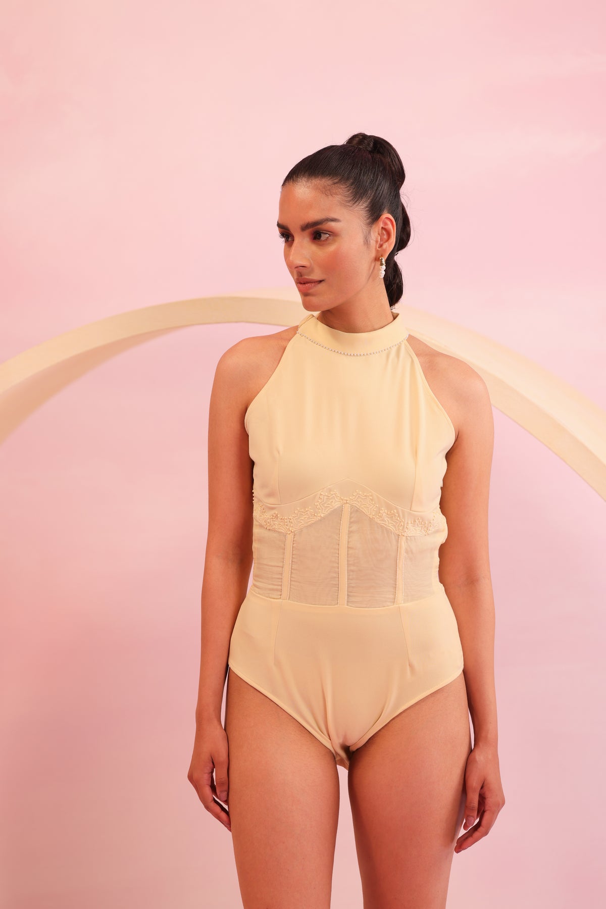 Lace Corset Halter Bodysuit – Arboreal Grace - Yellow