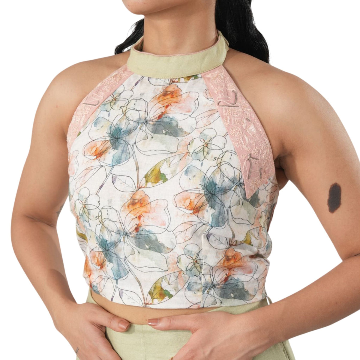 Printed Halter Crop Top – Warli - Pink