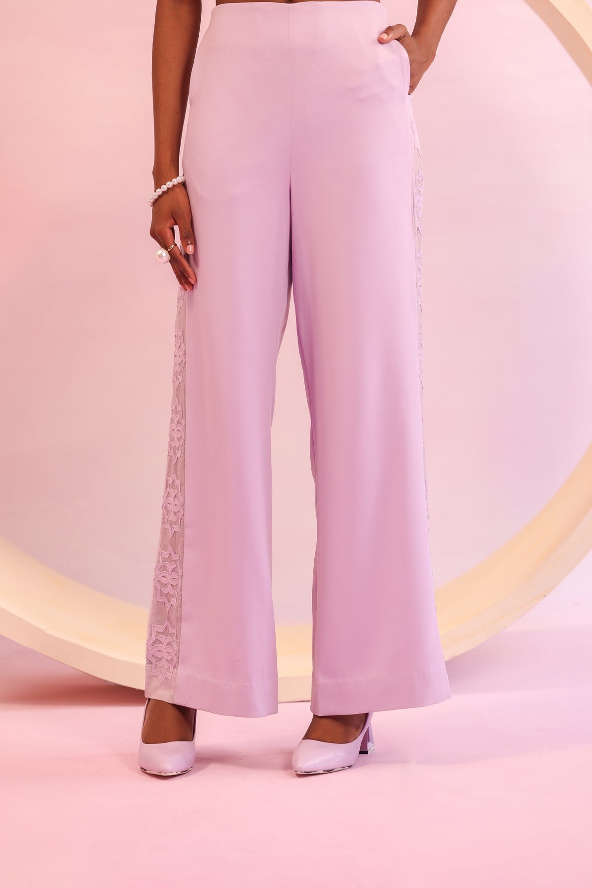Mesh Side Panel Flared Trousers – Lattice Bloom - Lavender