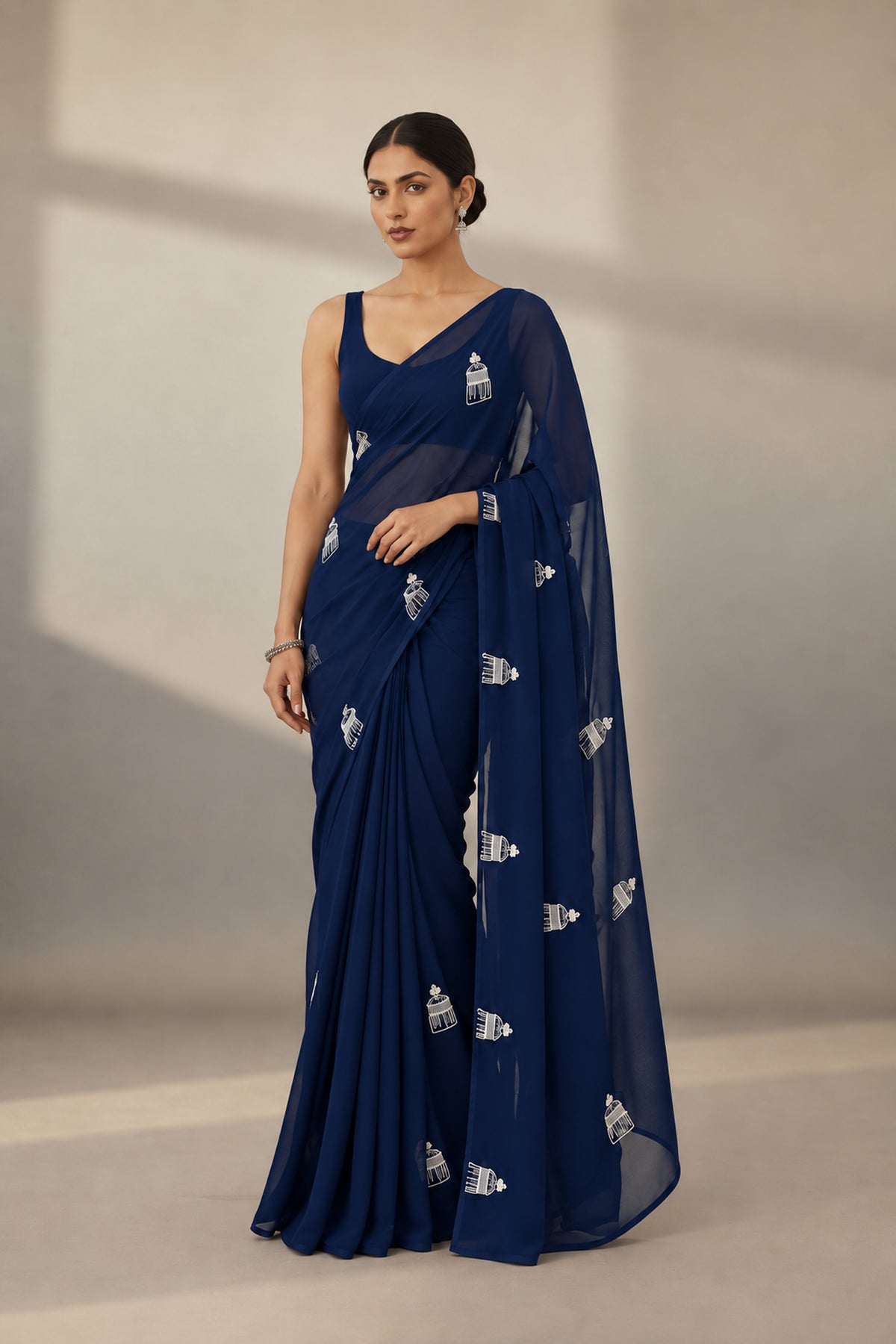 Motif Embroidered Organza Saree – Dome - Navy Blue