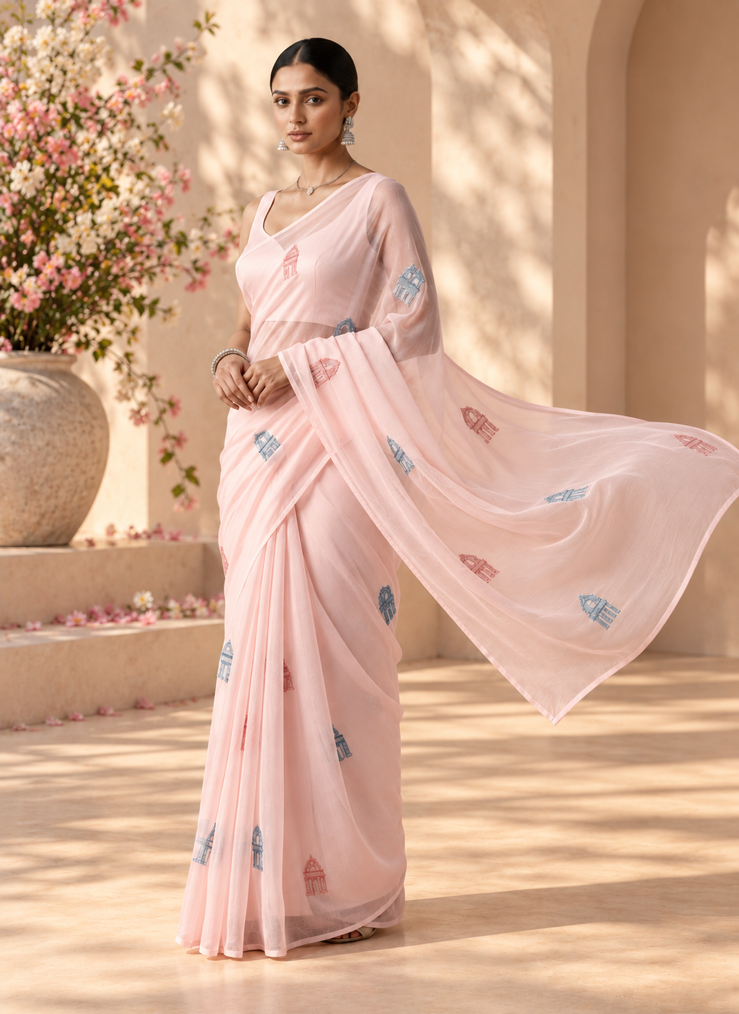 Chikankari Motif Saree – Lucknow - Blush Pink