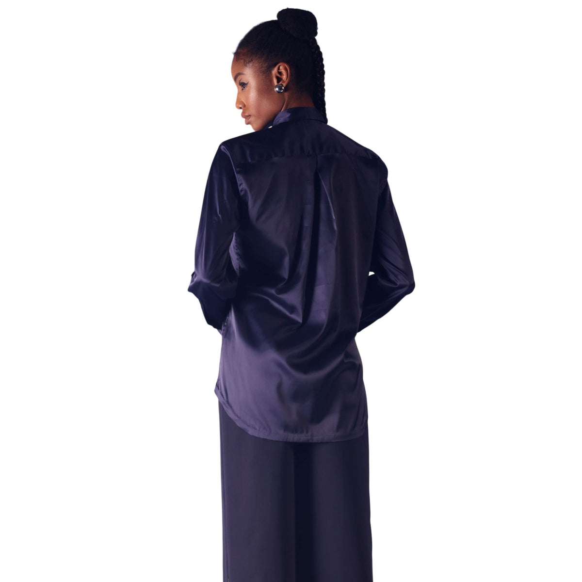 Line Embroidered Satin Shirt – Amira - Navy Blue