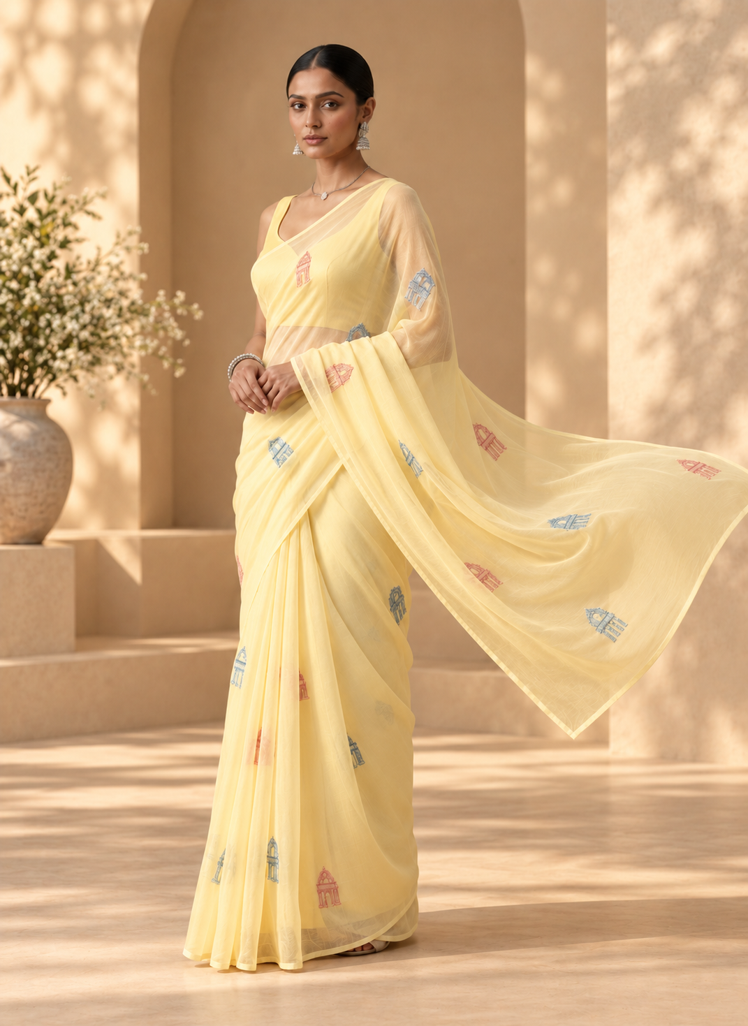 Chikankari Motif Saree – Lucknow - Pastel Yellow