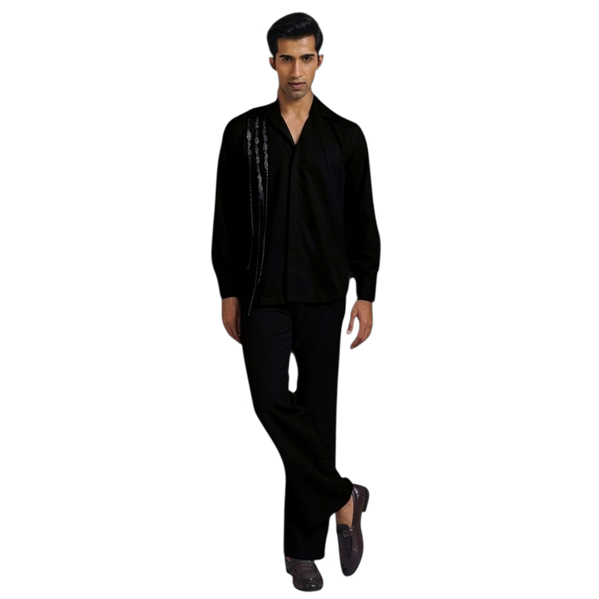 Men's Vertical Embroidered Cotton Shirt – Stream - Black