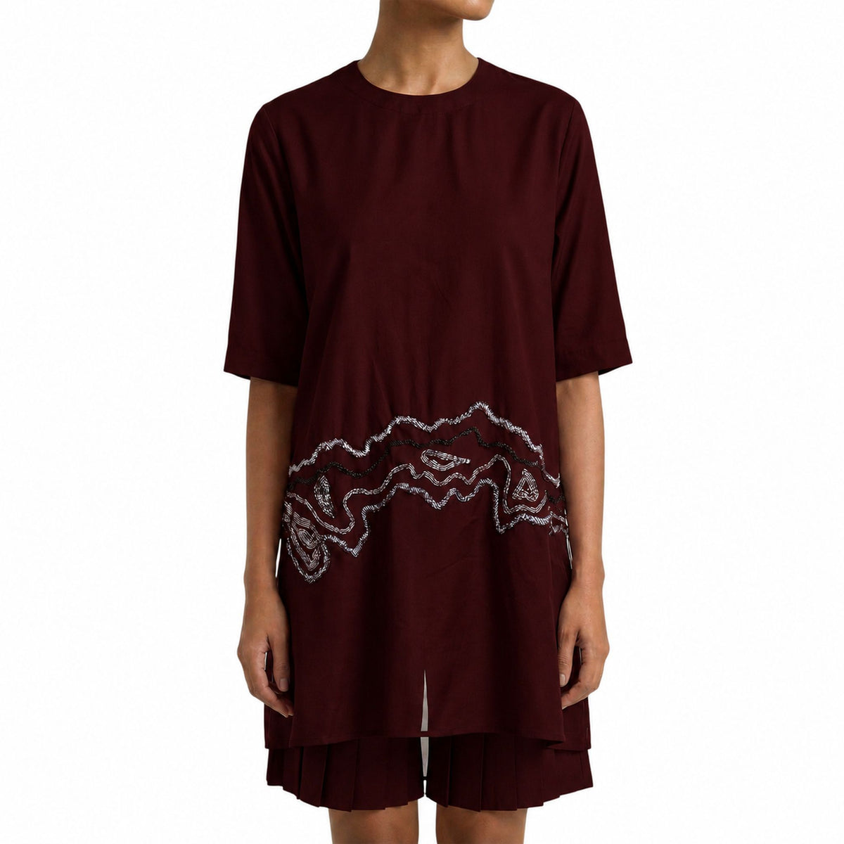 Sheer Hem Embroidered Tunic – Fluid - Wine