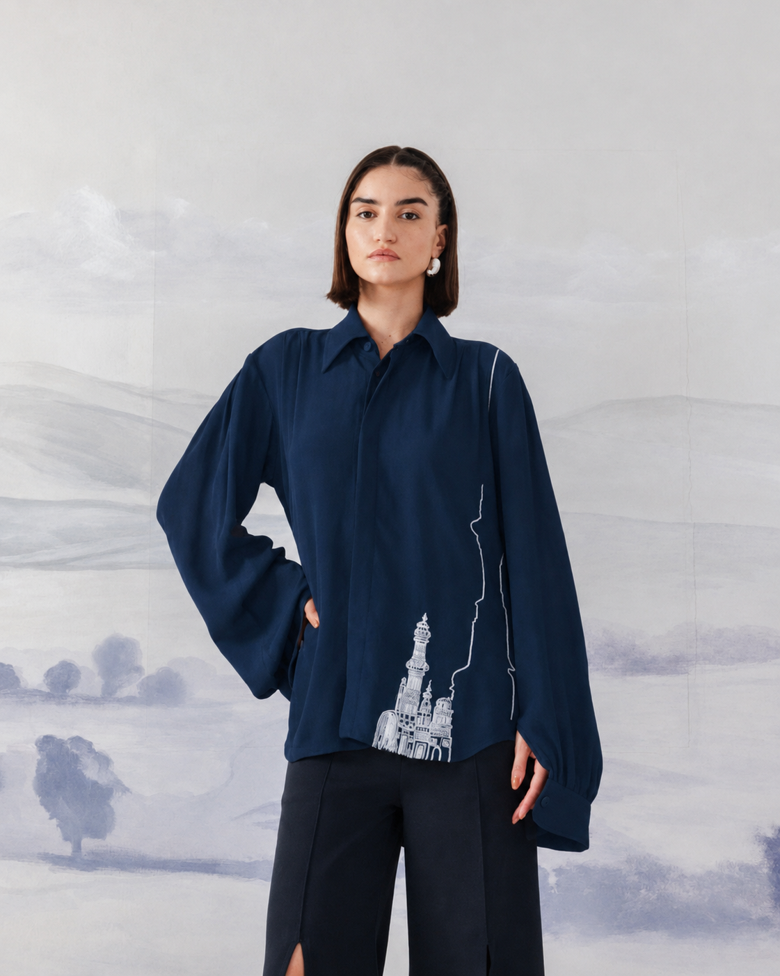 Beaded Line Embroidered Shirt – Feather - Maritime Blue