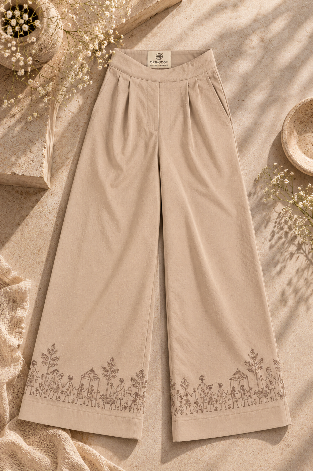 Symmetrical Embroidered Trousers – Warli - Sand Beige