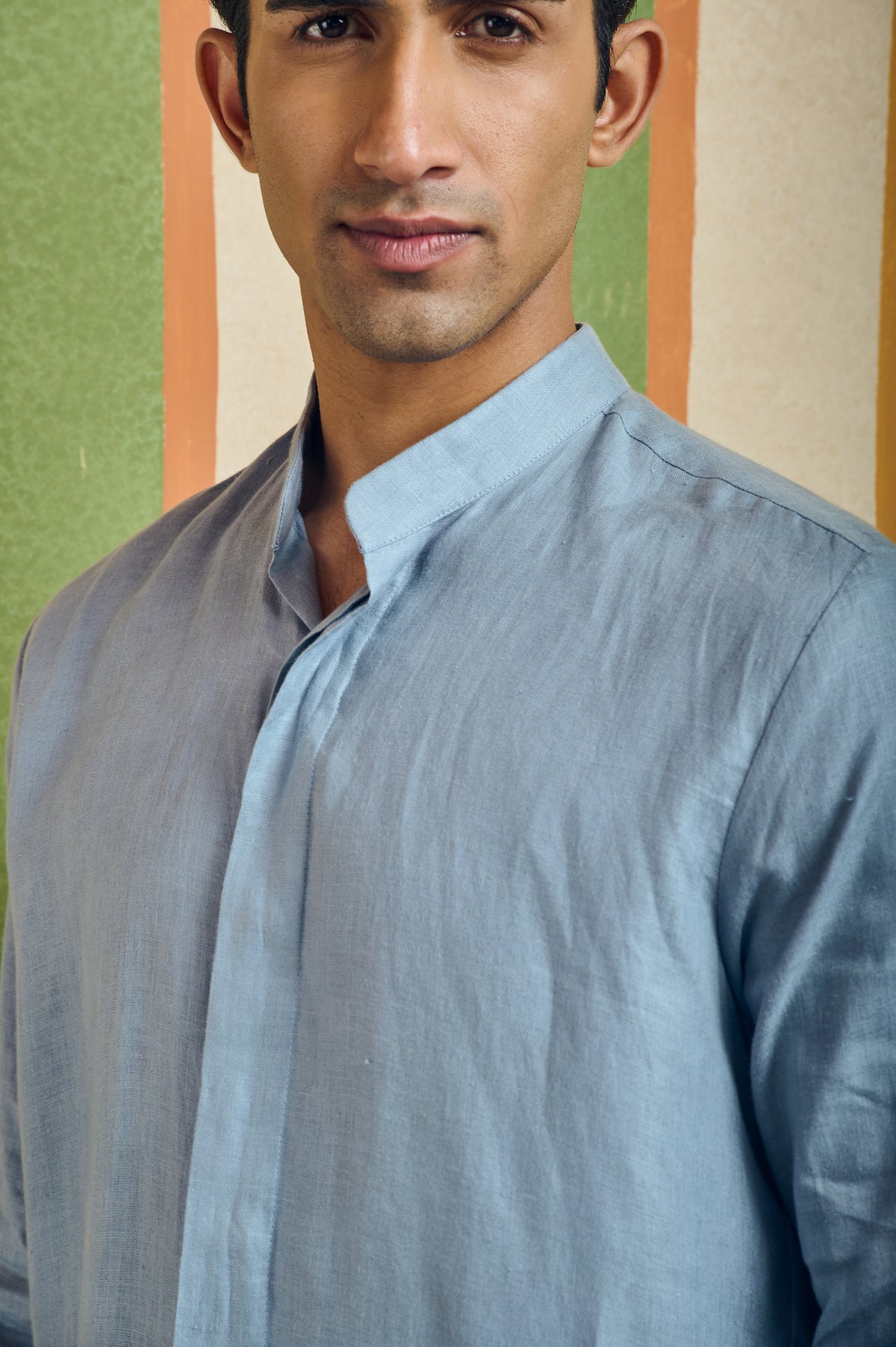 Men's Cotton Mandarin Collar Shirt - Sky Blue