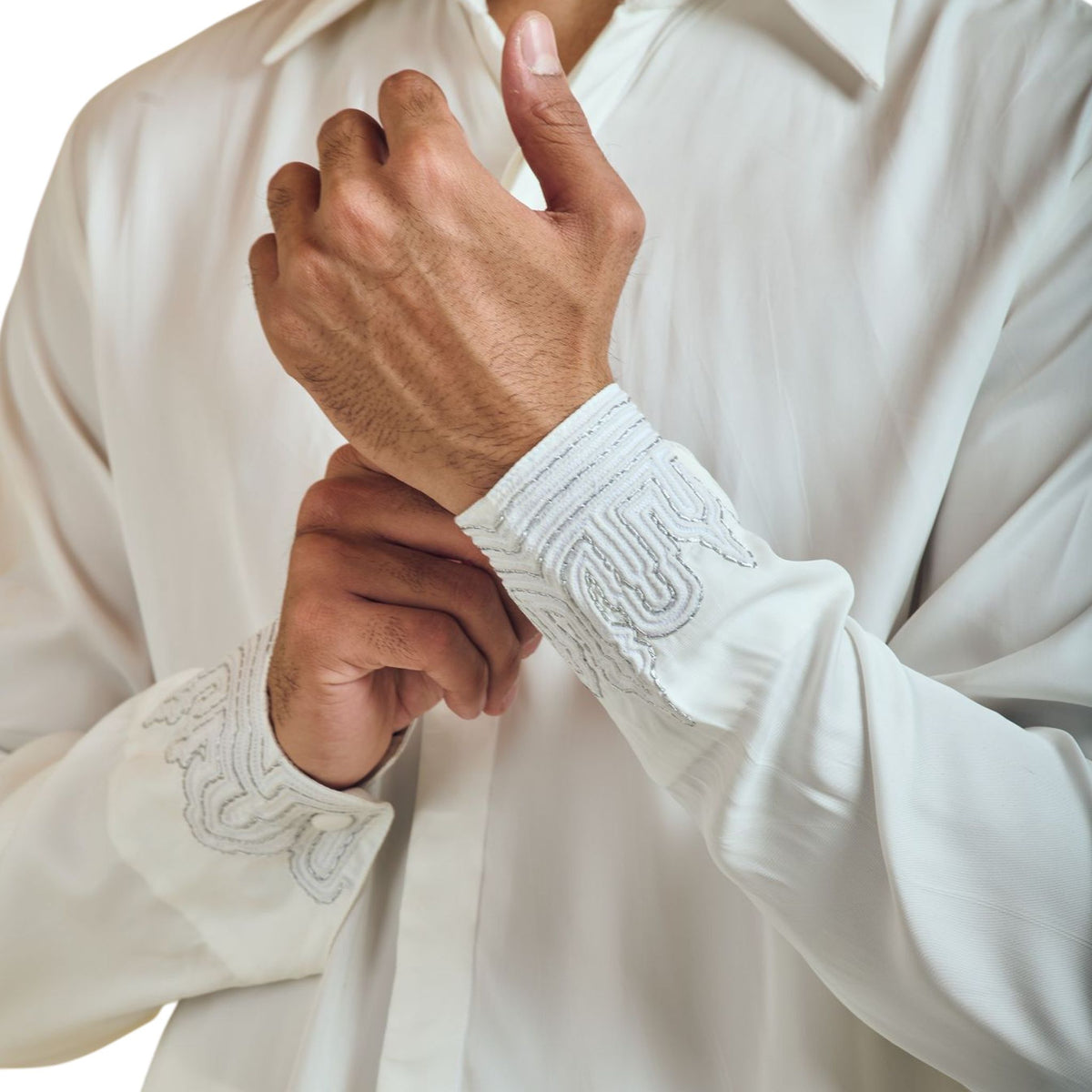 Yoke Embroidered Satin Shirt – Echo - White
