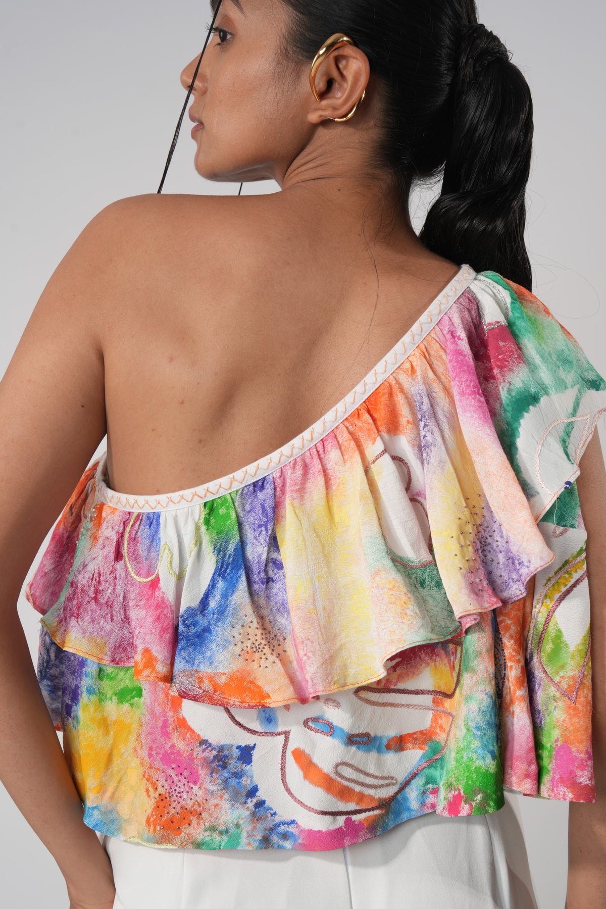 One-Shoulder Frill Top – Blossom Accent - White