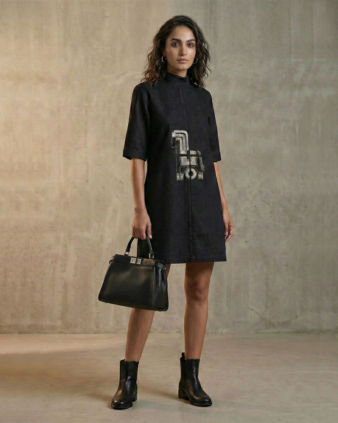 Graphic Motif Denim Midi Dress – Stride - Black