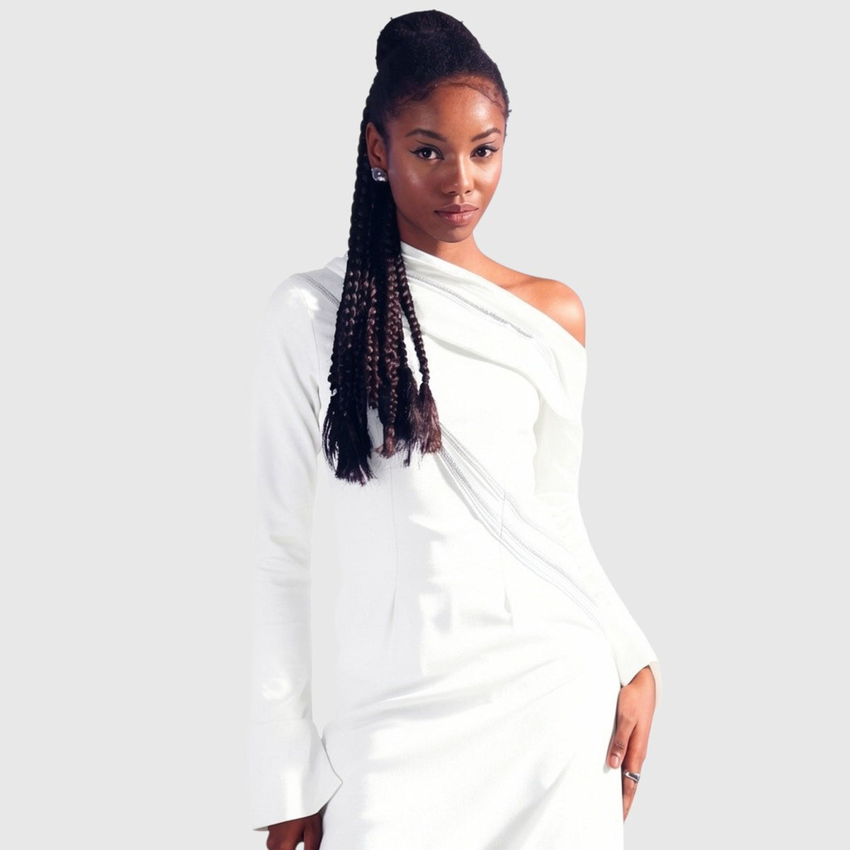 One-Shoulder Draped Midi Dress – Ecalt - White