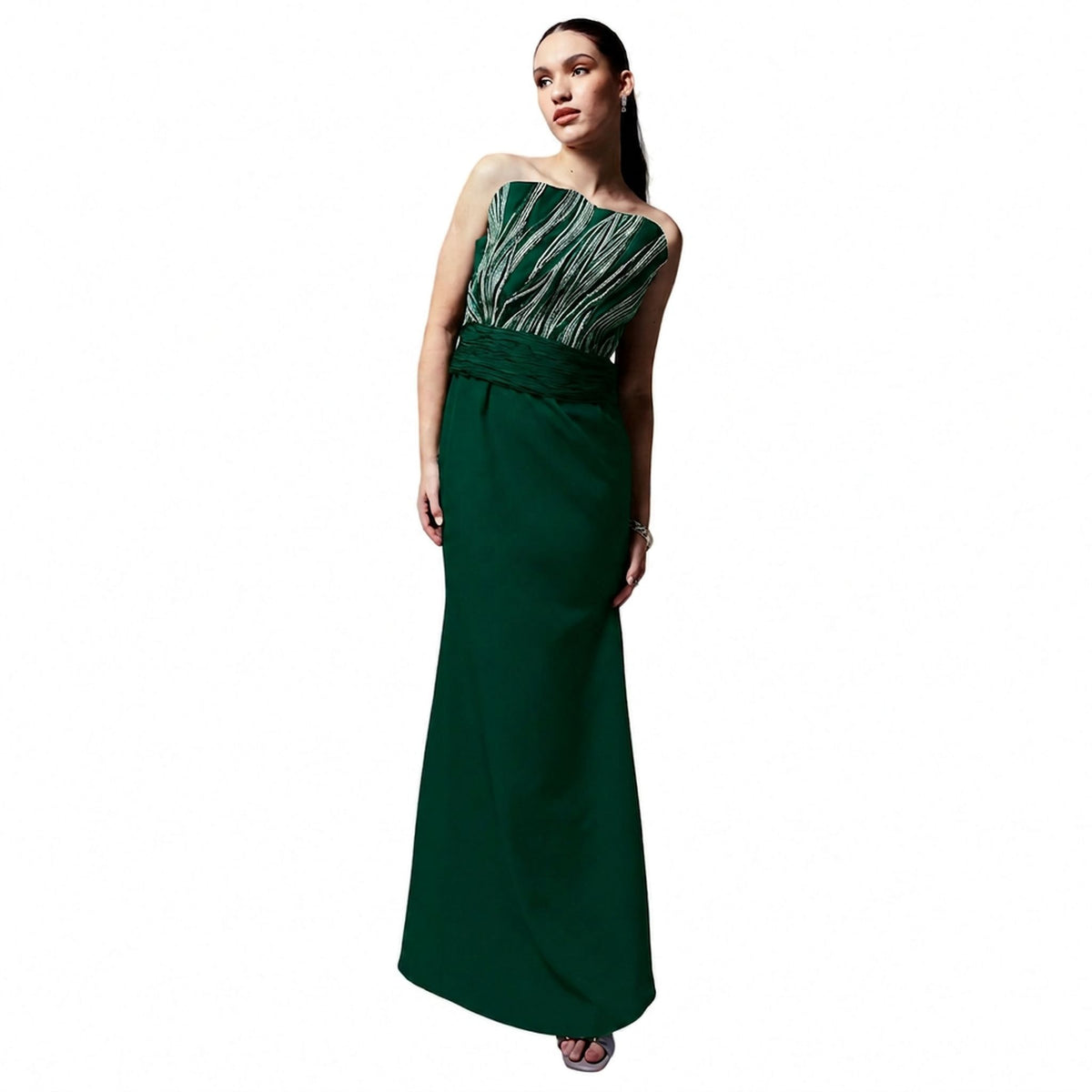 Off-Shoulder Embroidered Gown – Rivulet - Dark Green