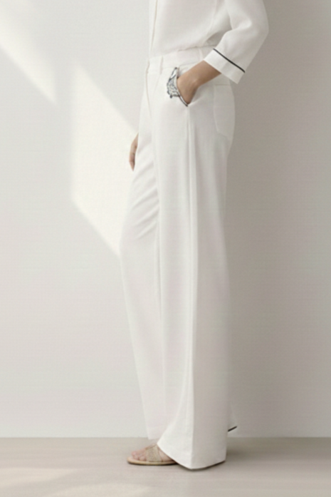 Fish Embroidered Wide-Leg Trousers – Estee - White