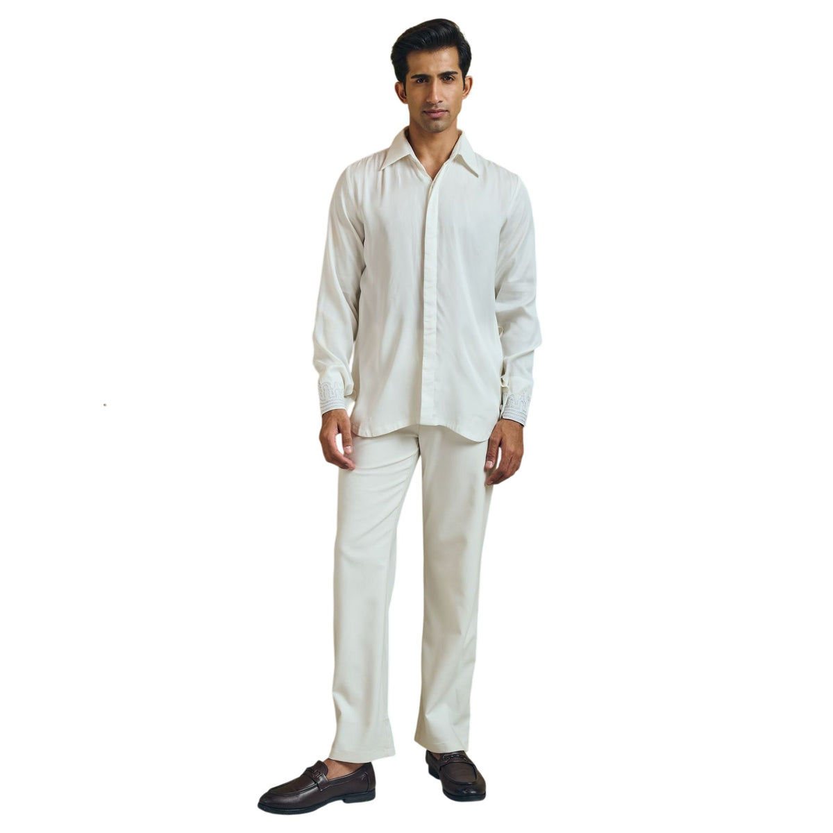 Yoke Embroidered Satin Shirt – Echo - White