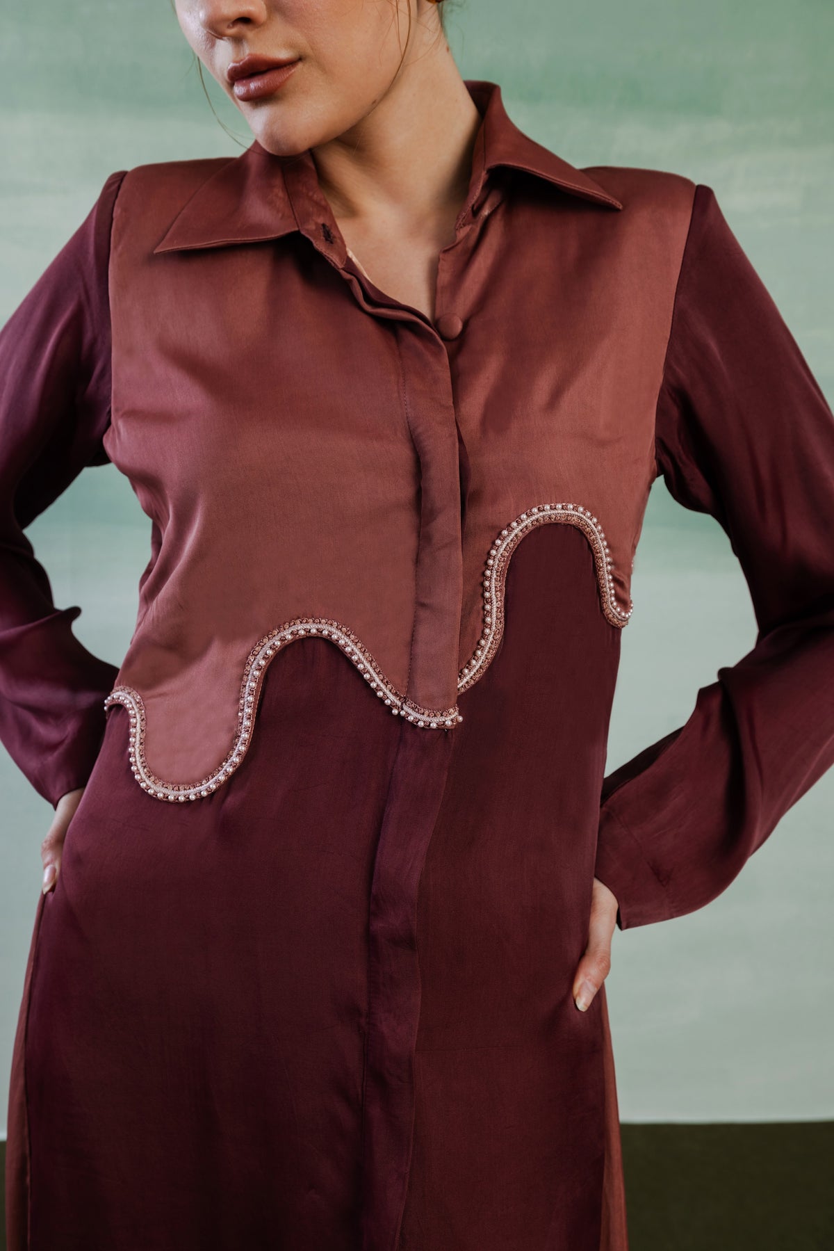 Asymmetric Satin Shirt Dress – Romanesque - Wine Berry