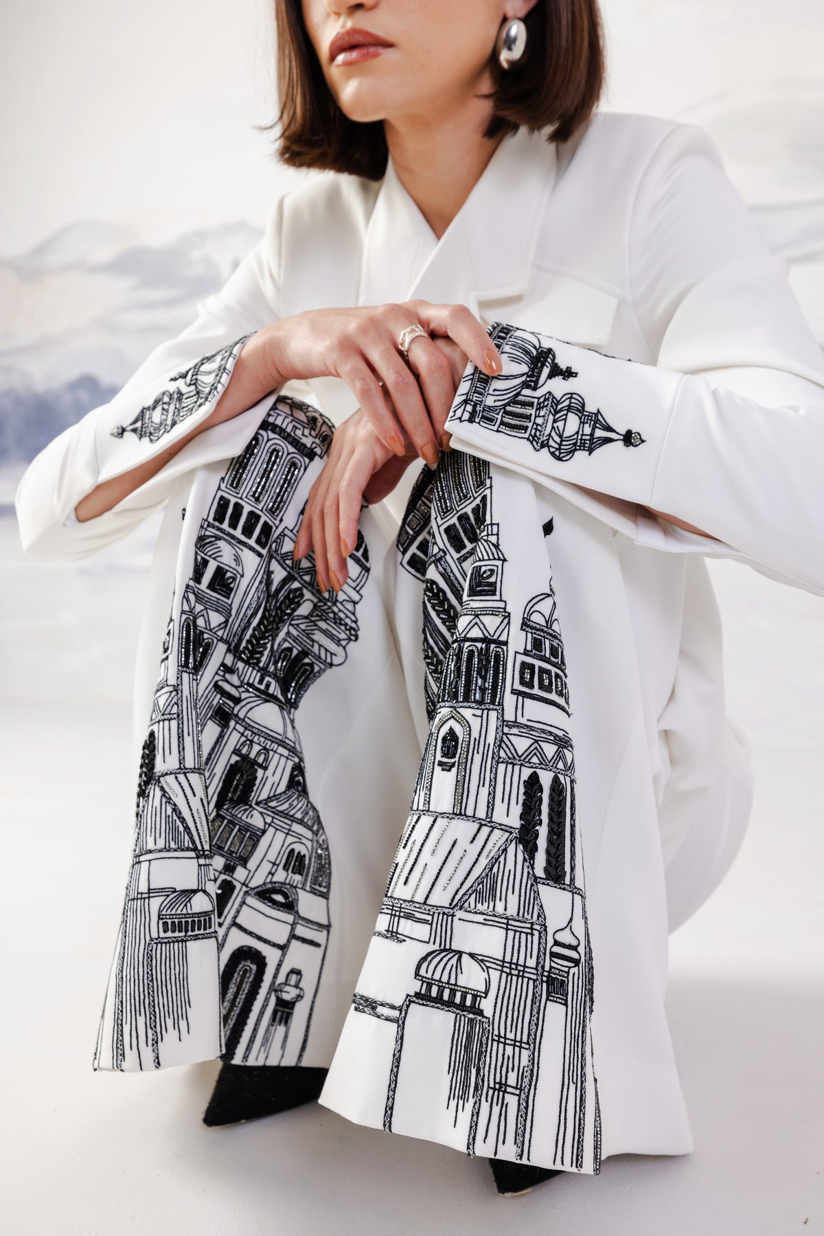 Embroidered Pleated Flared Trousers – Centurion - White