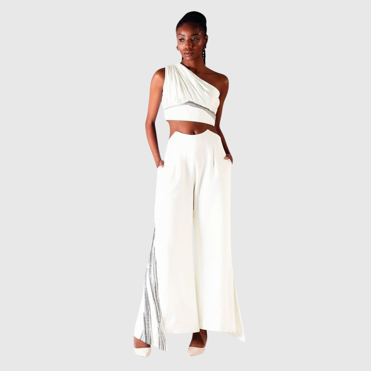 Overlap Slit Wide-Leg Trousers – Heba - White