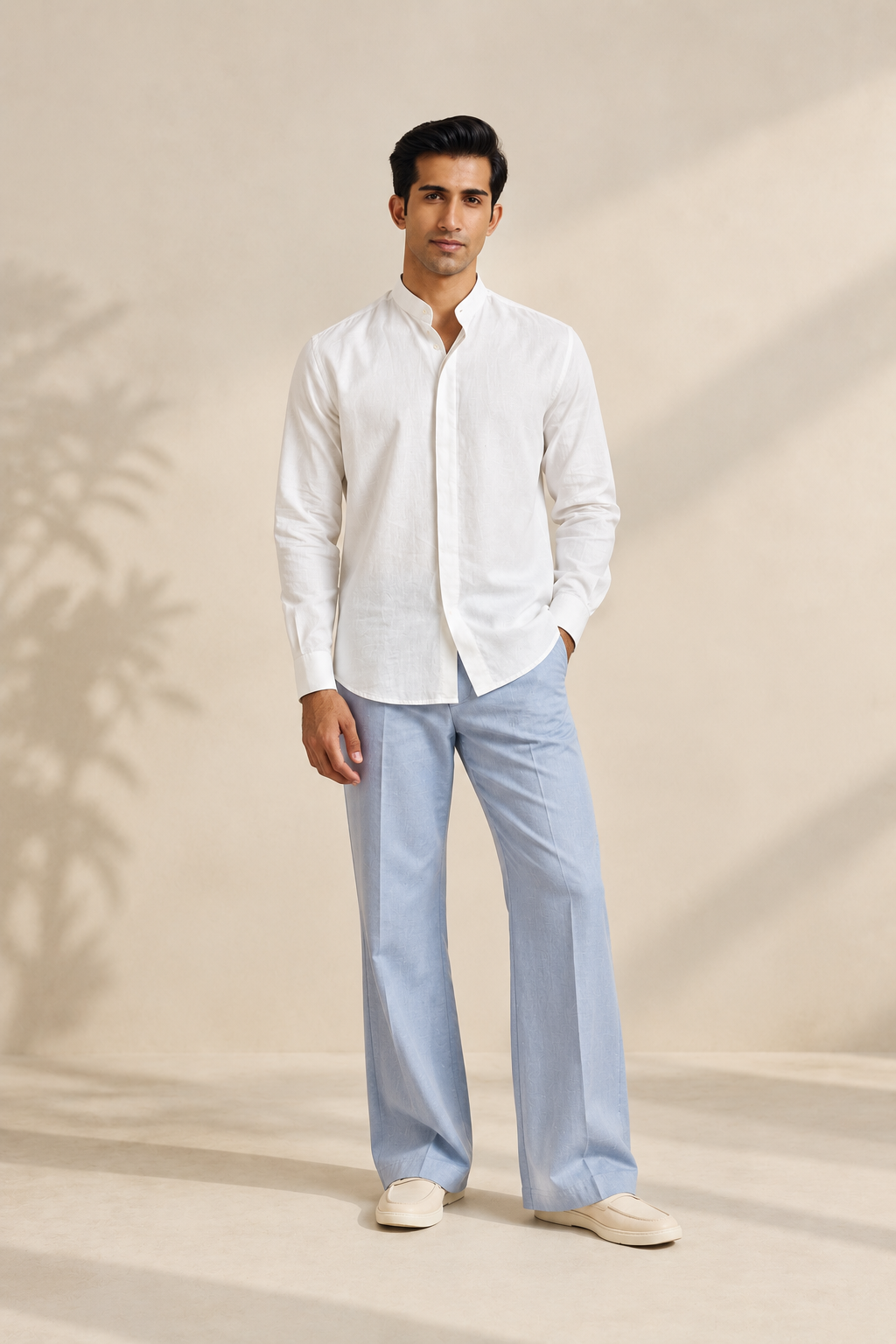 Men's Cotton Mandarin Collar Shirt - White