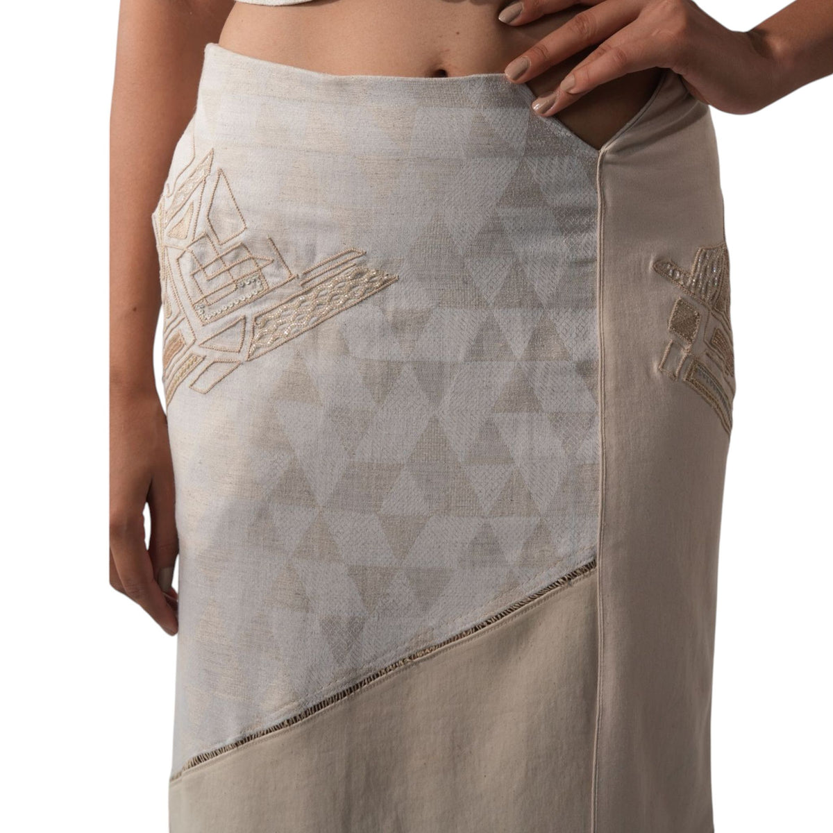 Embellished Denim Bodycon Skirt – Tesserae - Beige