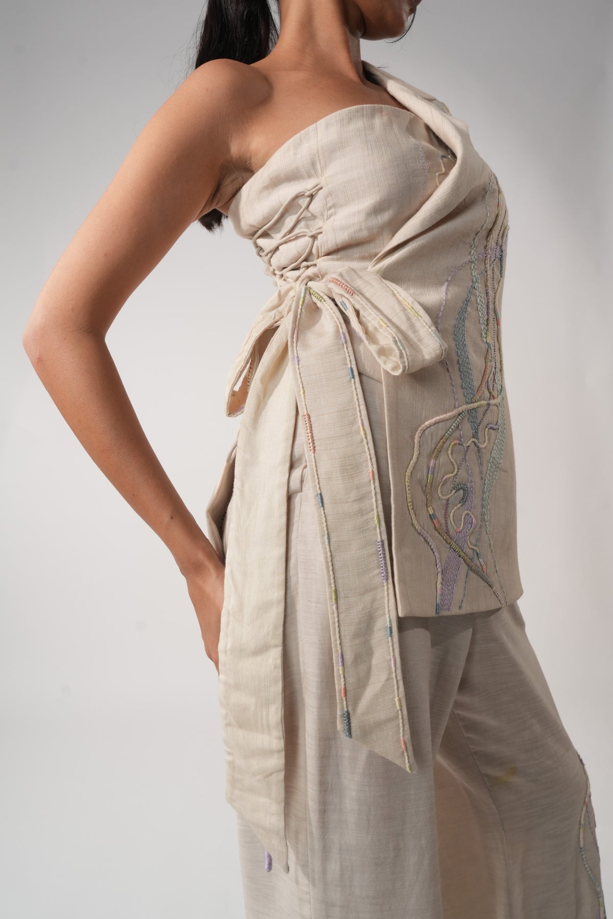 One-Shoulder Tie-Up Half Jacket – Meadow - Beige