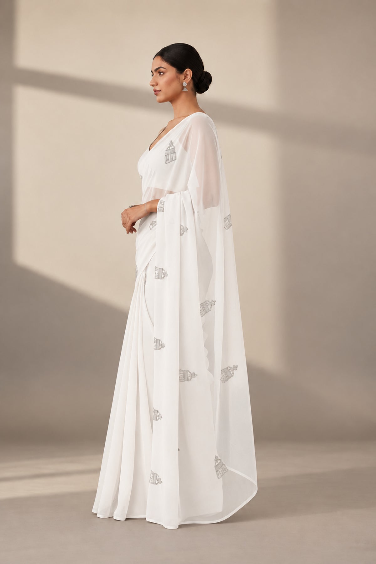 Motif Embroidered Organza Saree – Dome - White