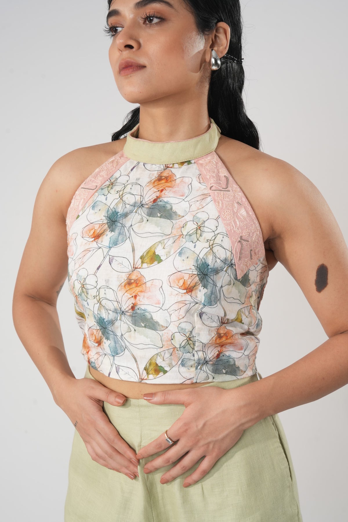 Printed Halter Crop Top – Warli - Pink