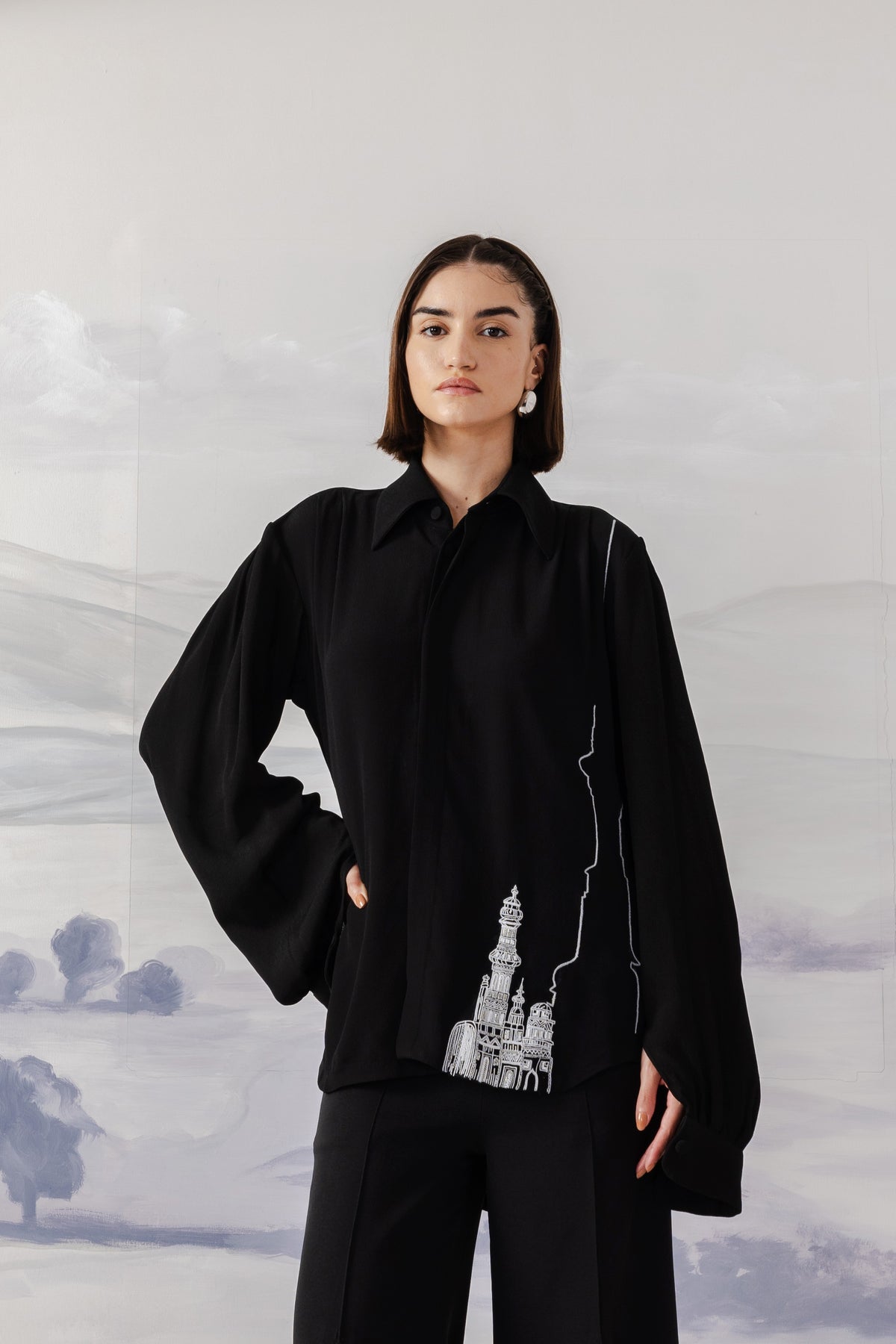 Beaded Line Embroidered Shirt – Feather - Black