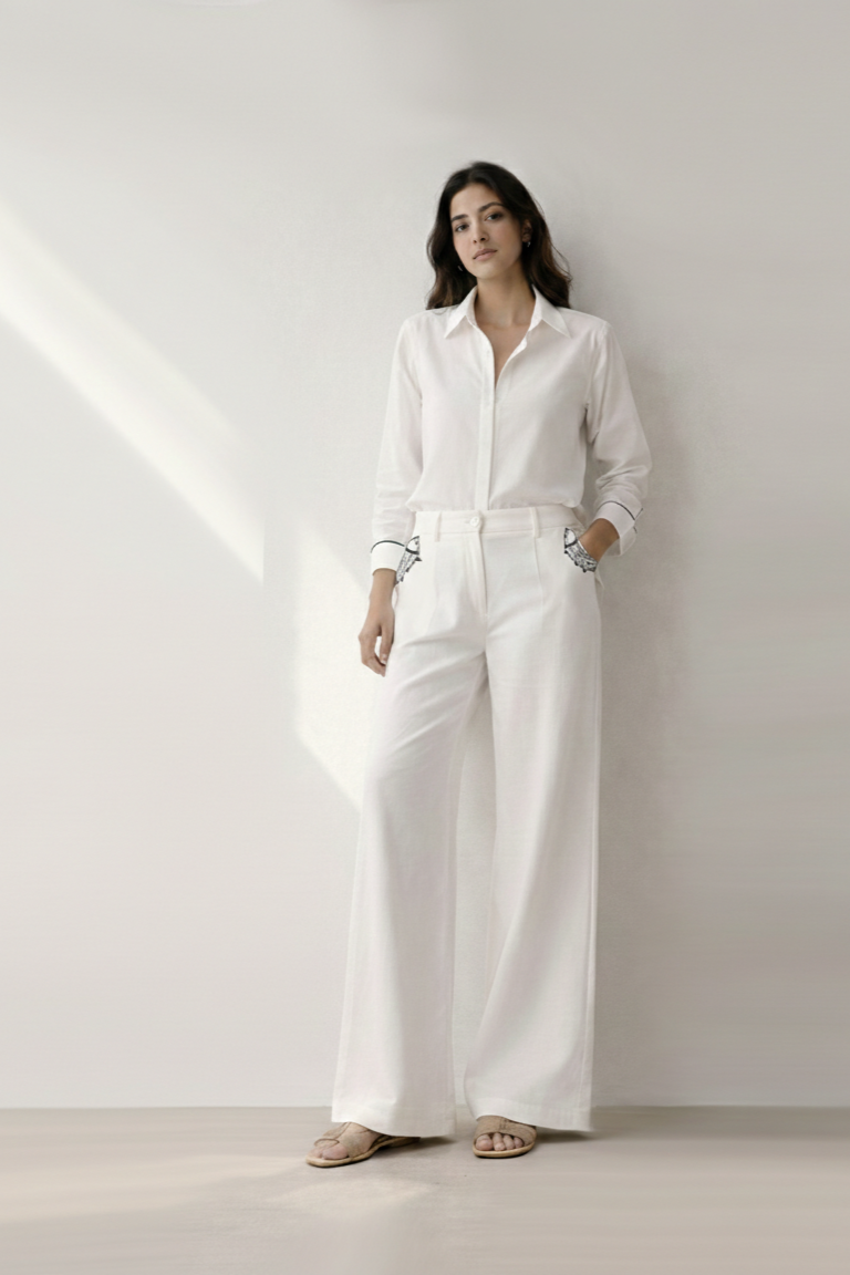 Fish Embroidered Wide-Leg Trousers – Estee - White