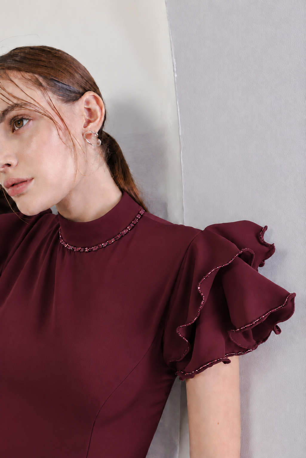 Pearl Neck Ruffled Sleeve Bodysuit – Fantasticate - Wine
