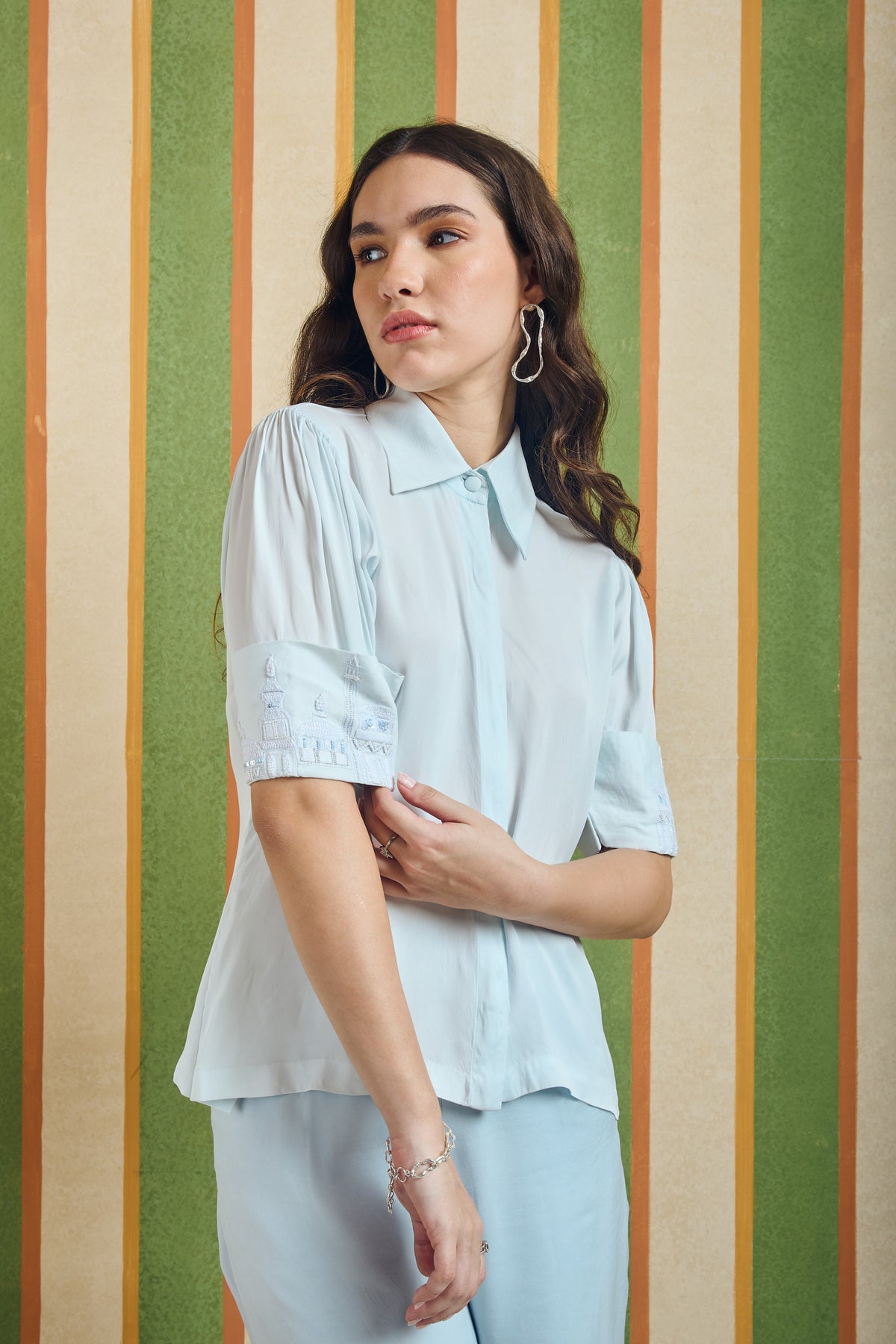 Gathered Sleeve Embroidered Shirt – Crescent - Blue