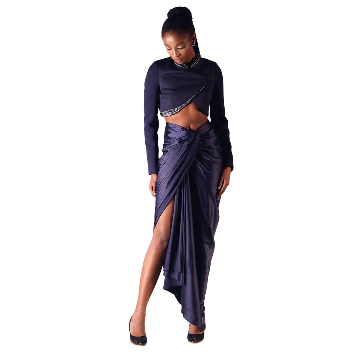 Asymmetric Wrap Crop Jacket – Zahra - Navy Blue