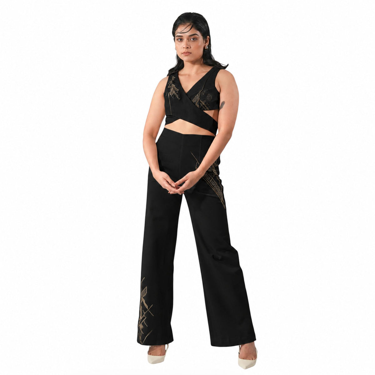 Embroidered Denim Bell Bottoms – Lunette - Black