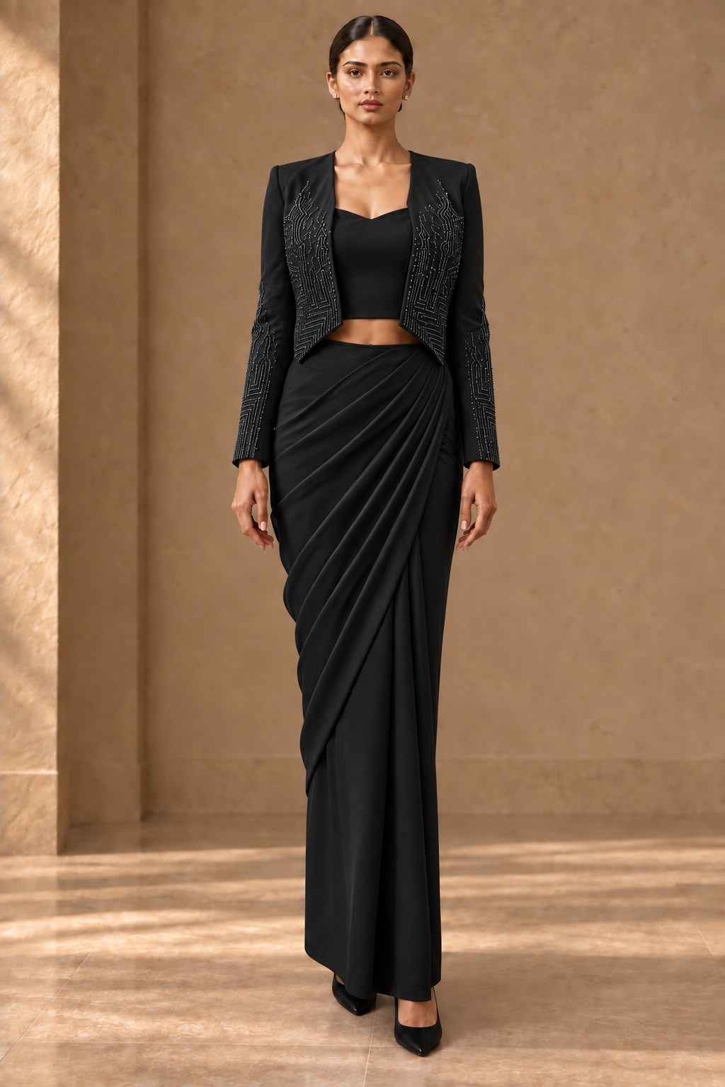 Cord Crop Jacket Set - Black