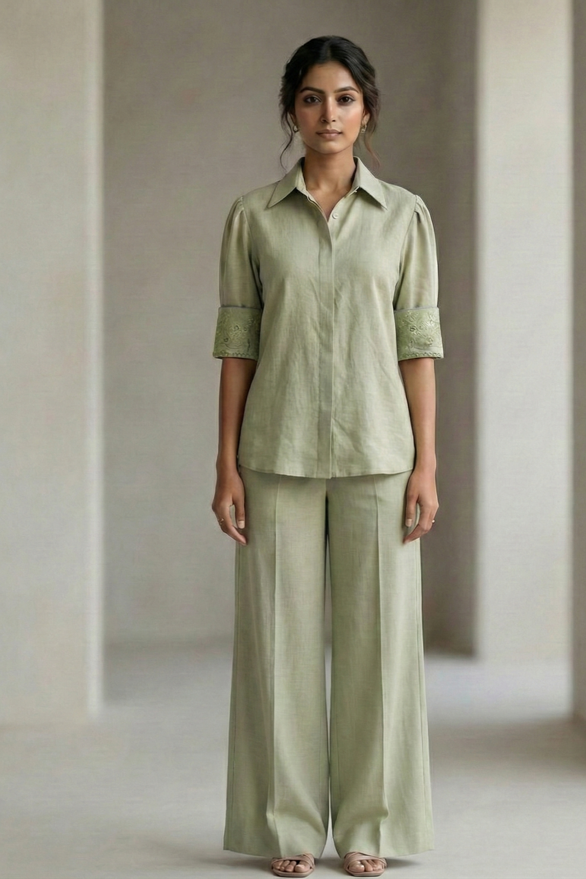 Modern Heirloom Cuff Embroidered Shirt – Warli - Green