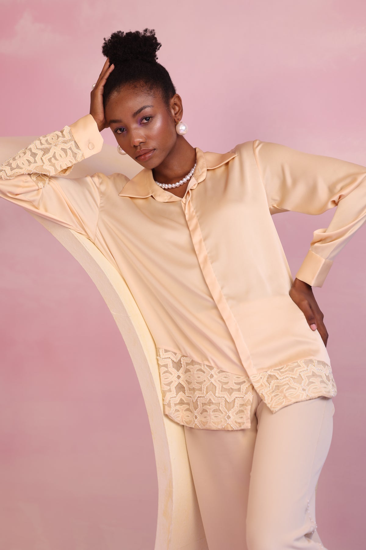 Lace Hem Satin Shirt – Arboreal Grace - Yellow