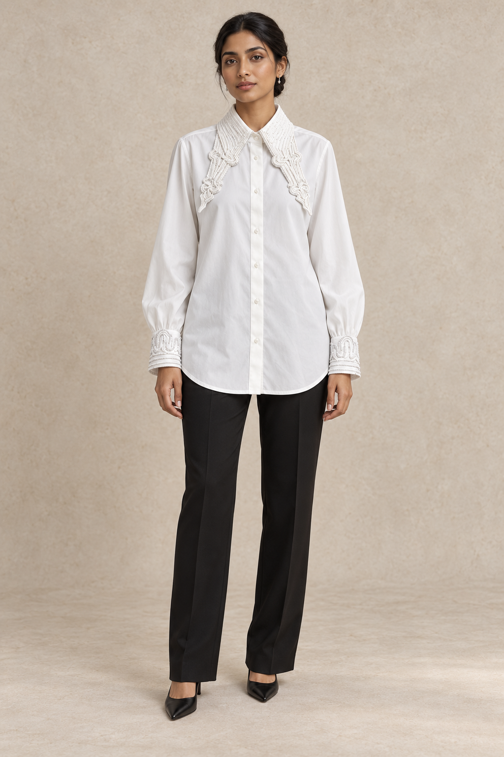 Collar Embroidered Satin Shirt - White