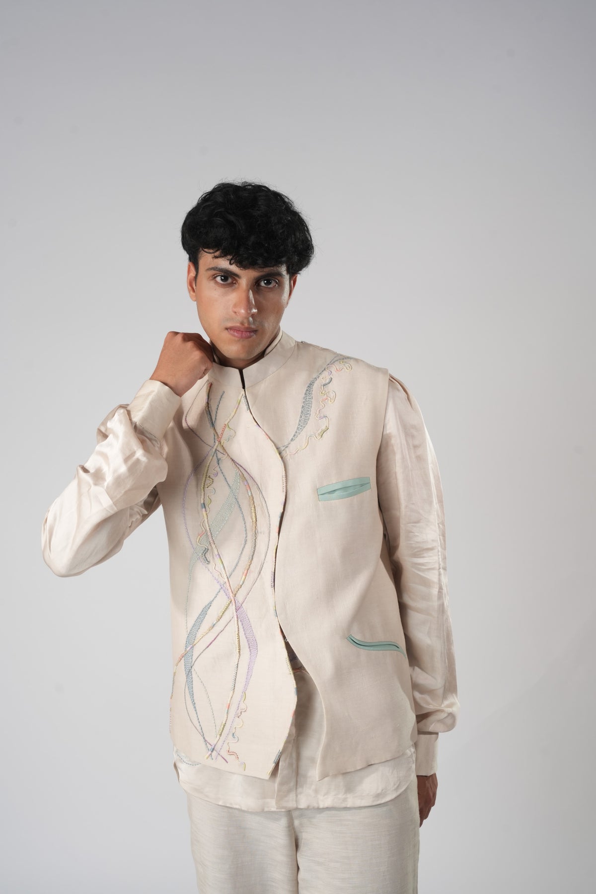 Mandarin Collar Embroidered Shirt – Eleusis - Beige