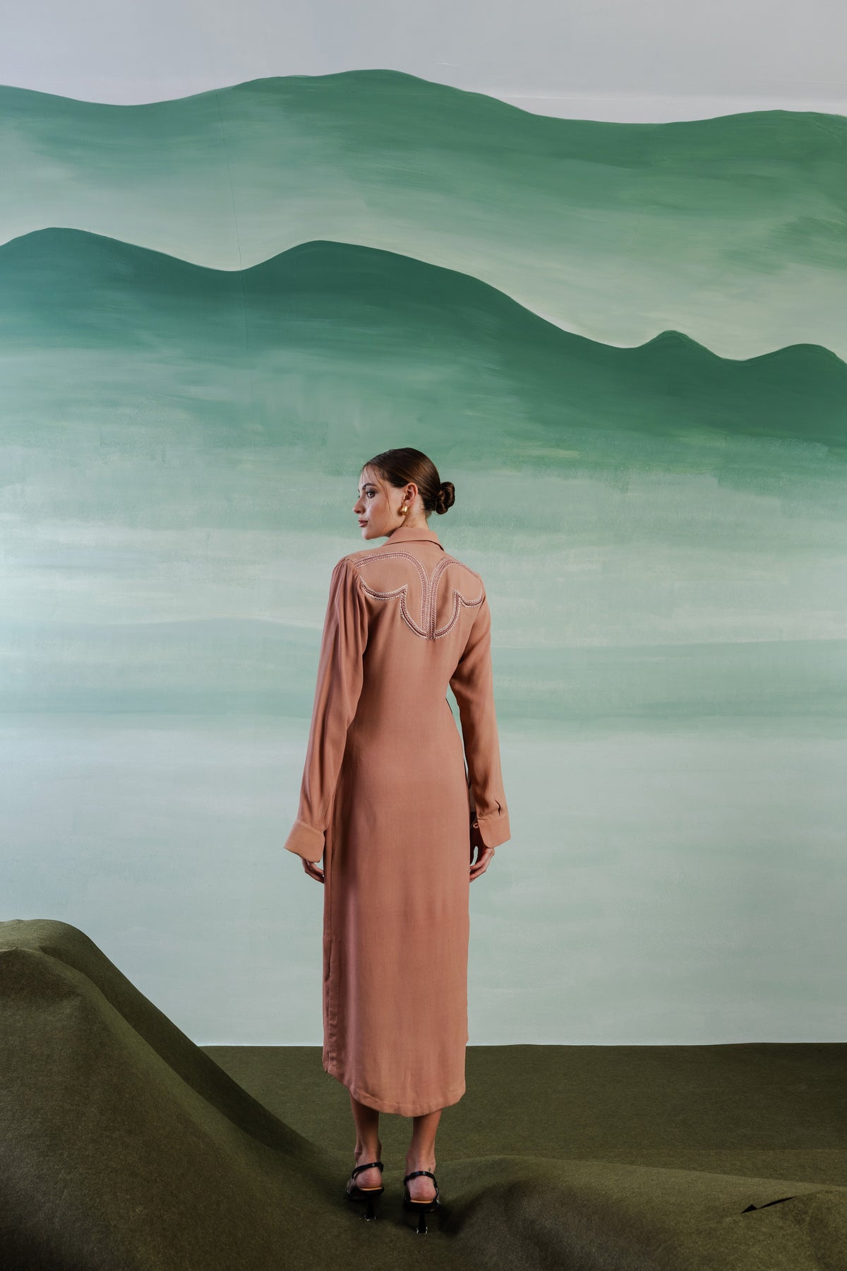 Side-Slit A-Line Shirt Dress - Pinkish Brown