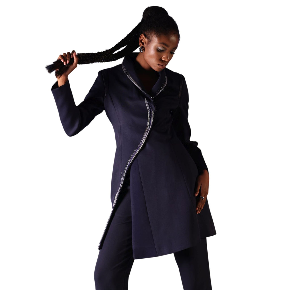 Asymmetric Tailored Long Coat – Isis - Navy Blue
