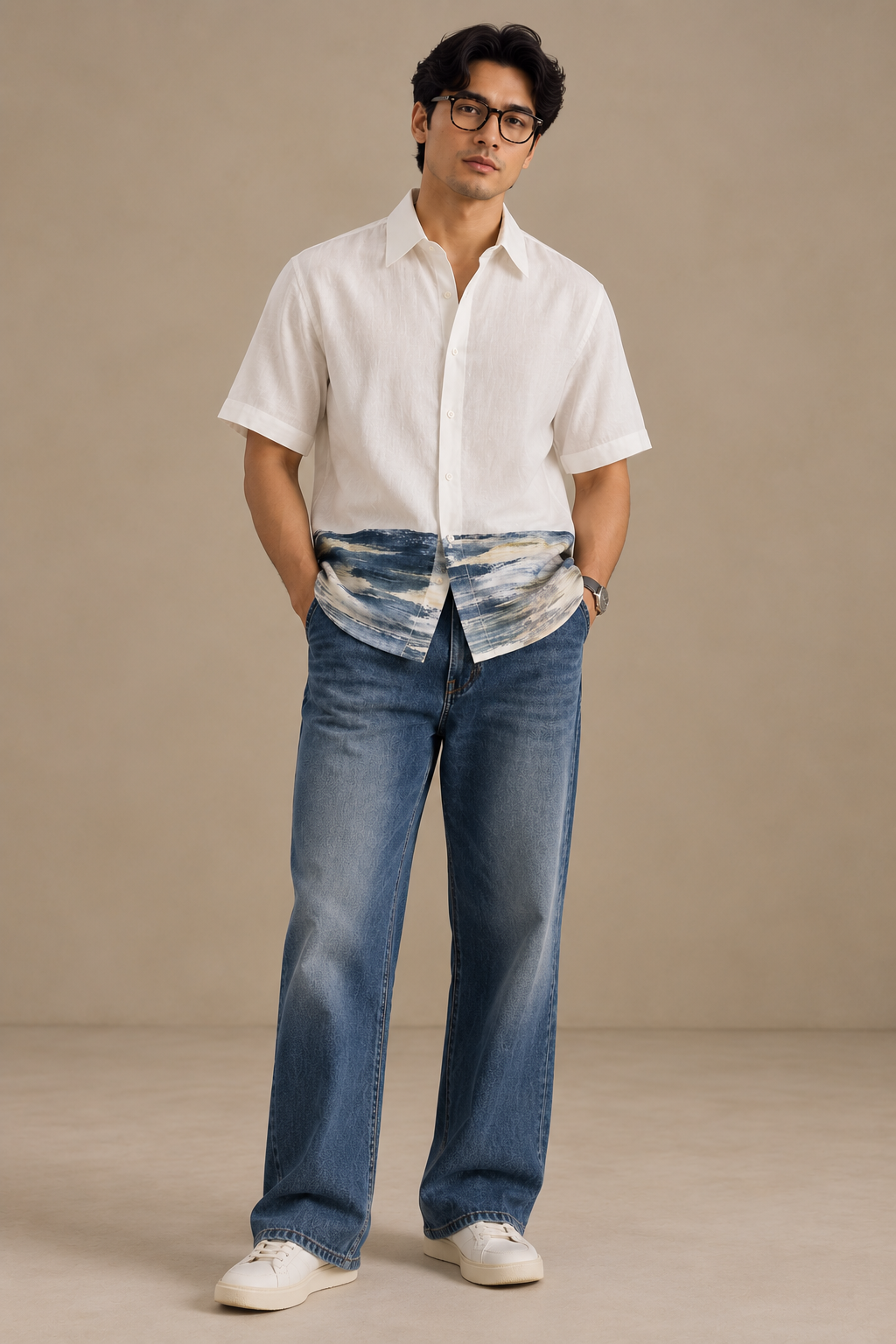 Men's Hem Patch Shirt – Warli - Blue Wave Print