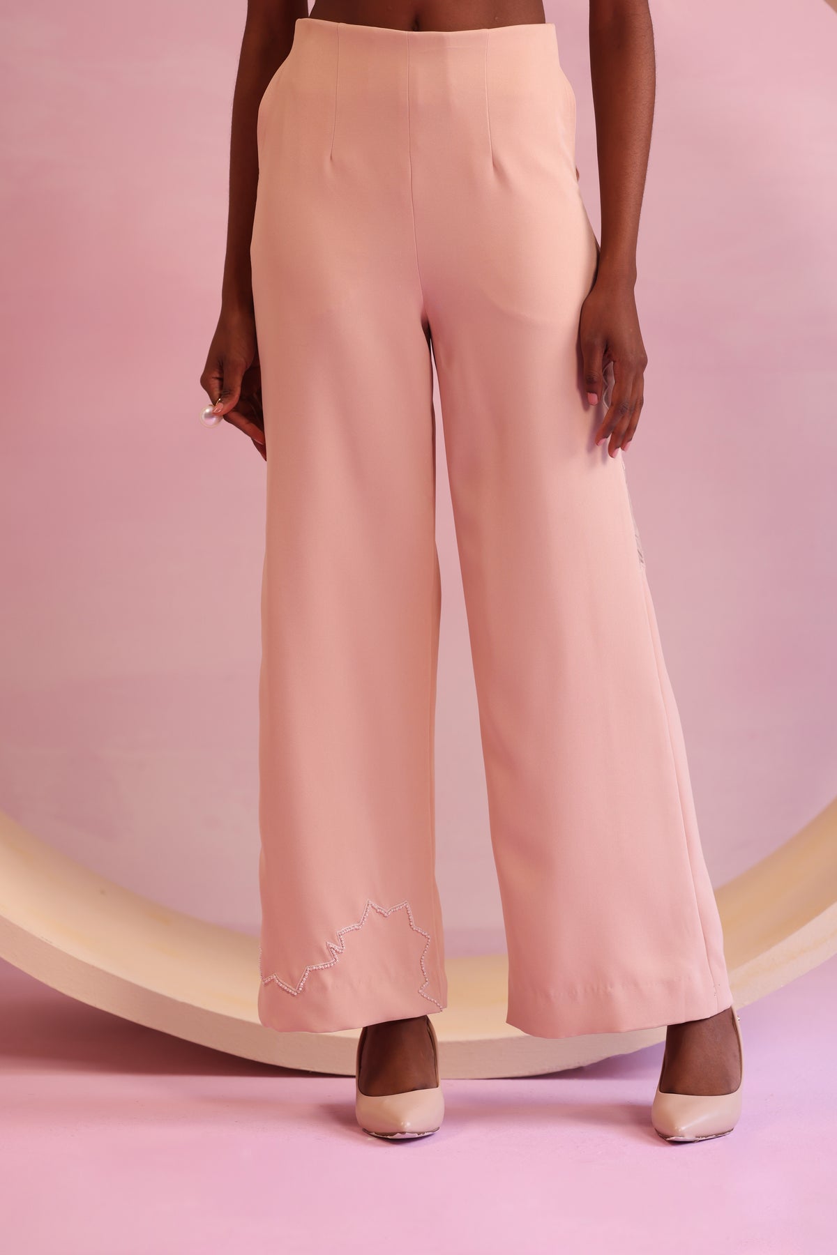 Asymmetric Embroidered Wide-Leg Trousers – Mystic Groove - Peach