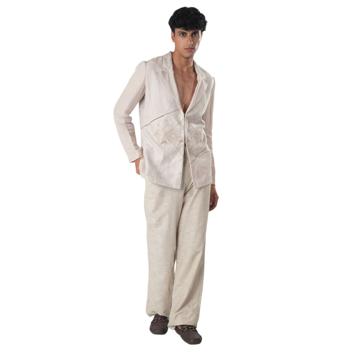 Fagoted Embroidered Blazer – Zephyr - Beige