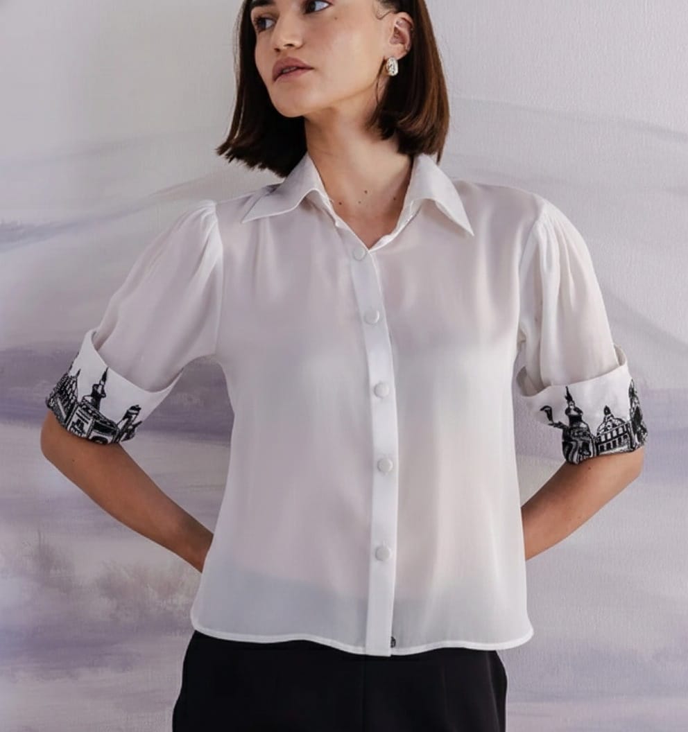 Embroidered Cuff Satin Shirt – Ensemble - White